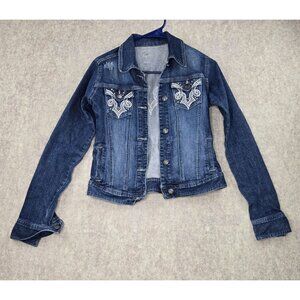 Rock 47 Womens Denim Jacket Dark Wash Embroidered Snap Closure Distressed Style